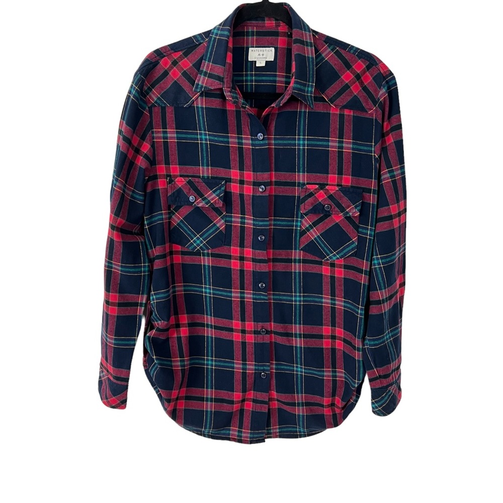 Argus Matchstick Women’s Flannel Shirt Button Up Pockets Plaid Top L
